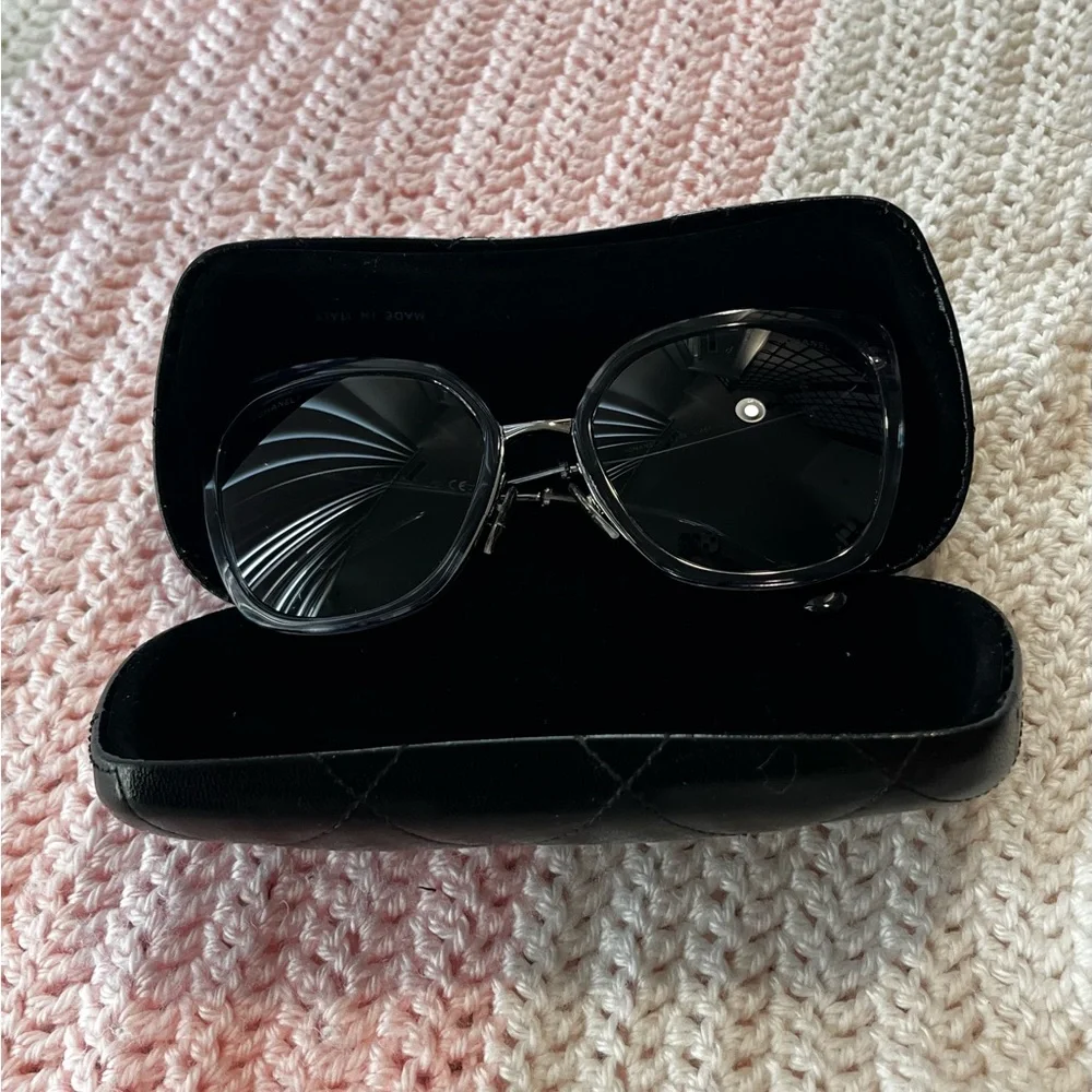 CHANEL Black Frame Blue Lens Oversized Sunglasses
